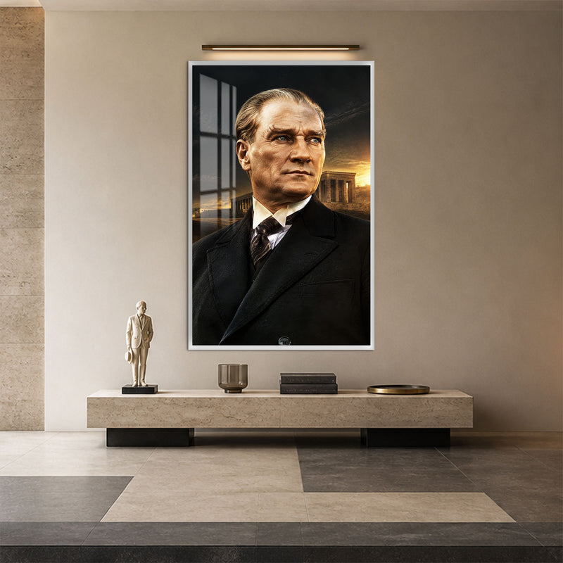 Gün Batımında Atatürk Cam Tablo – Beyaz Çerçeveli