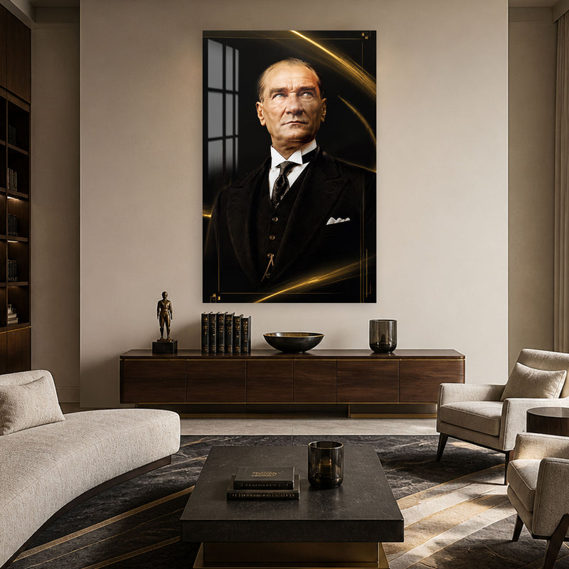 Altın Işıltılı Atatürk Cam Tablo