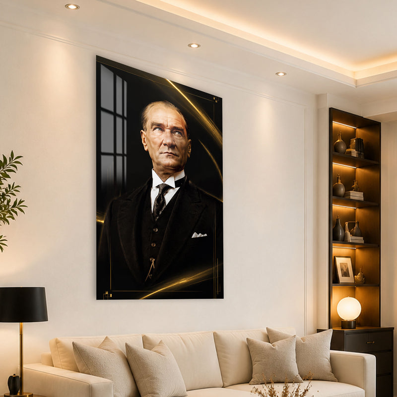 Altın Işıltılı Atatürk Cam Tablo