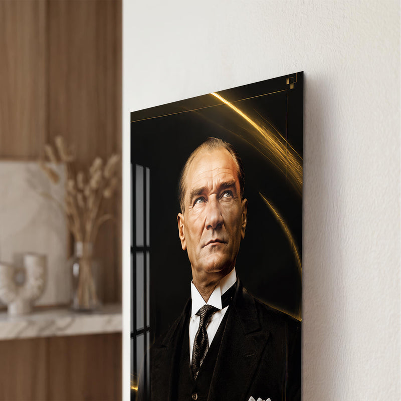 Altın Işıltılı Atatürk Cam Tablo