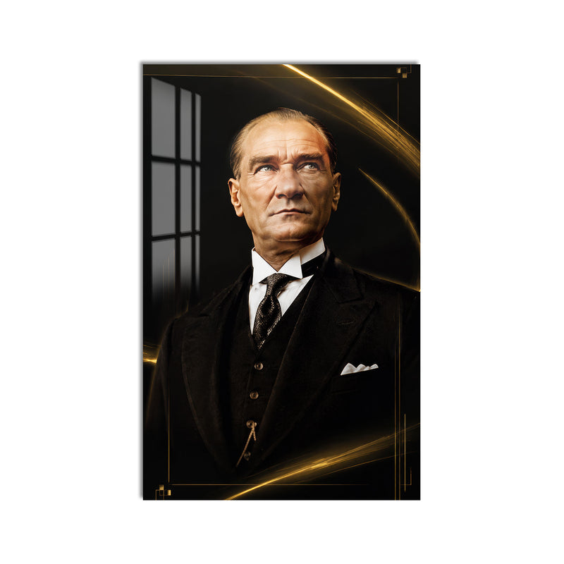 Altın Işıltılı Atatürk Cam Tablo