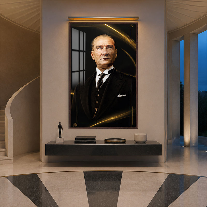 Altın Işıltılı Atatürk Cam Tablo – Ceviz Çerçeveli