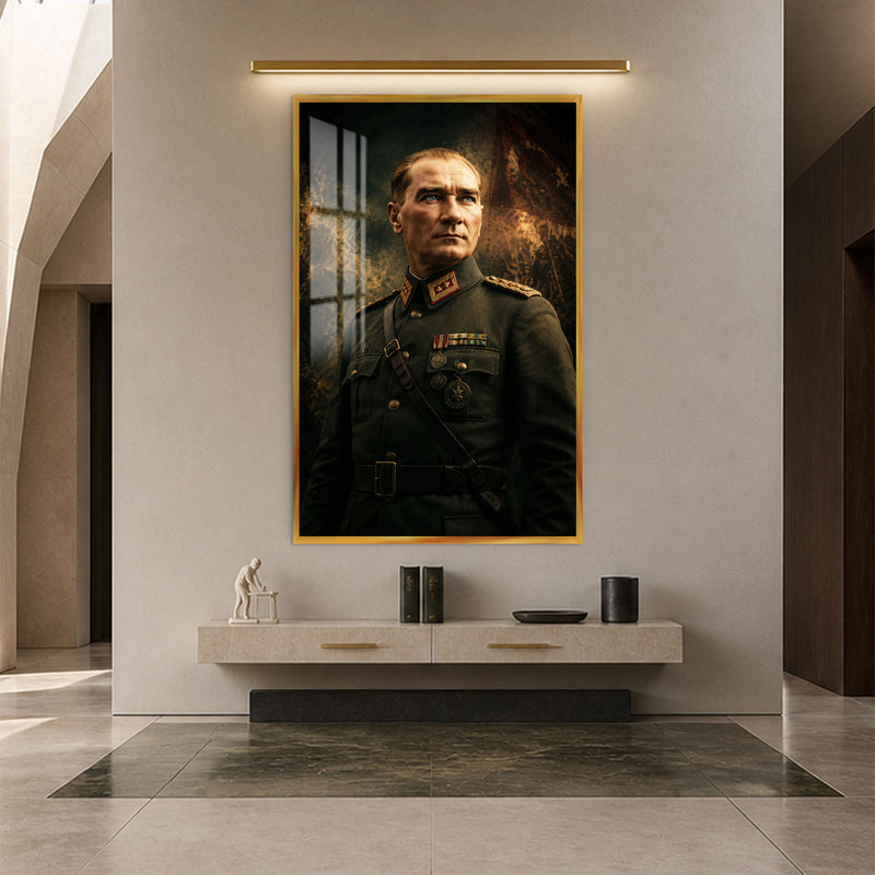 Madalyalı Atatürk Cam Tablo – Altın Çerçeveli