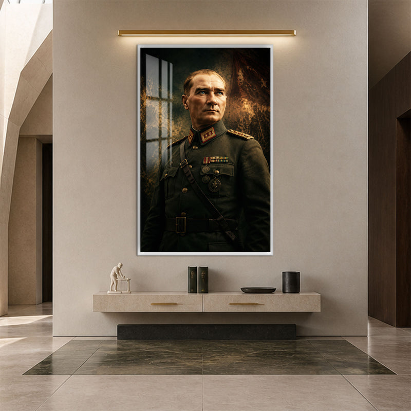 Madalyalı Atatürk Cam Tablo – Beyaz Çerçeveli