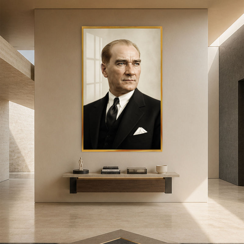 Krem Fonda Atatürk Cam Tablo – Altın Çerçeveli