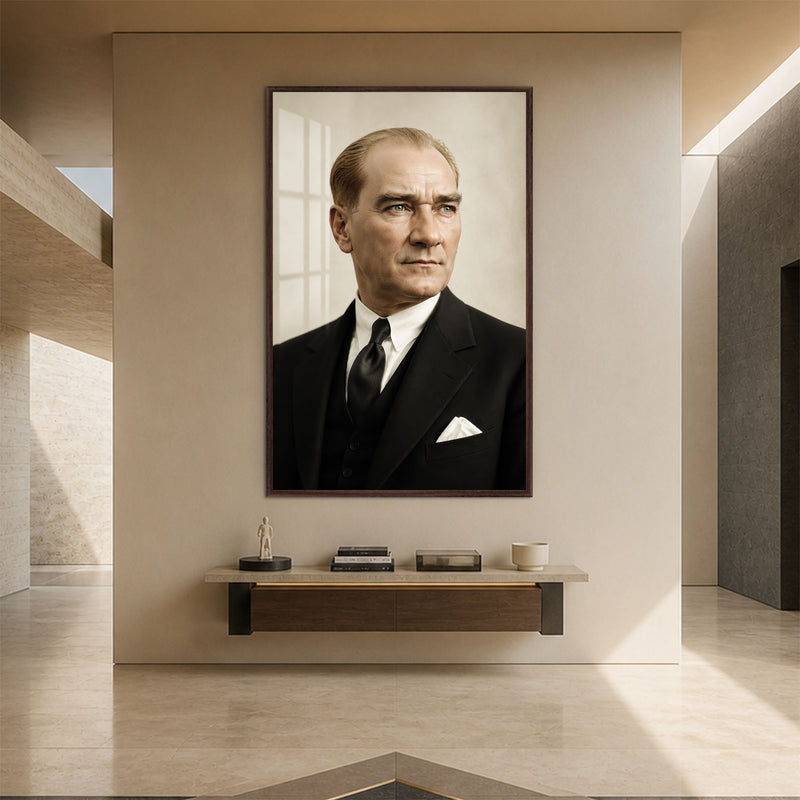 Krem Fonda Atatürk Cam Tablo – Ceviz Çerçeveli