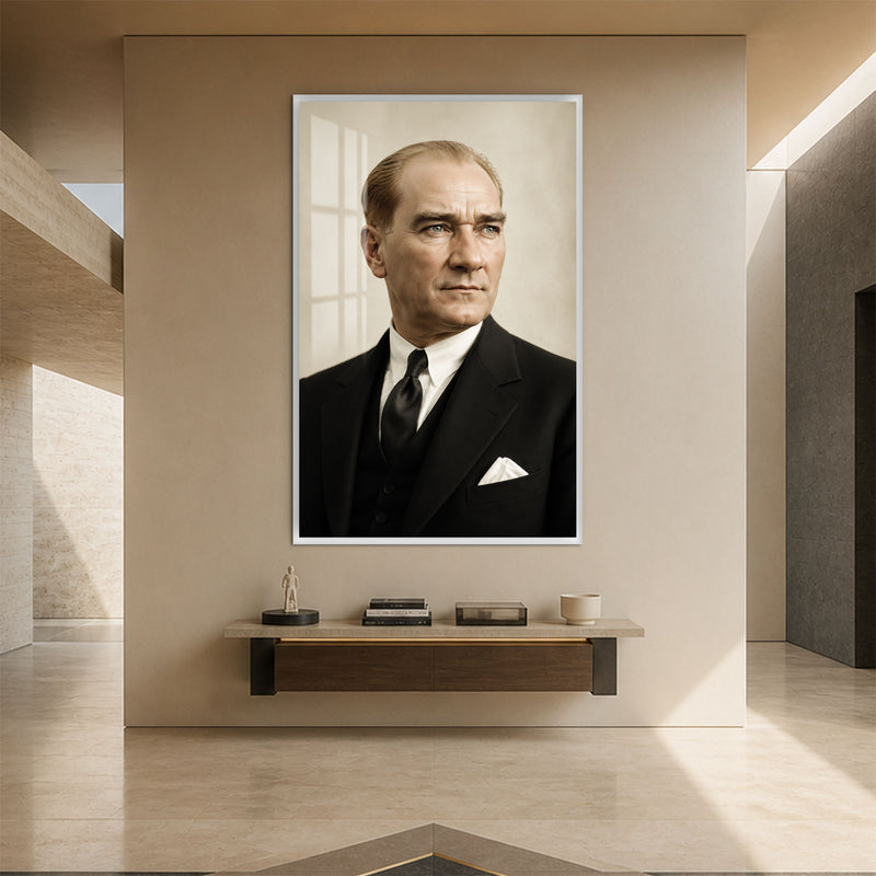 Krem Fonda Atatürk Cam Tablo – Beyaz Çerçeveli