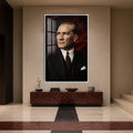 Bayrak Gölgesinde Atatürk Cam Tablo – Beyaz Çerçeveli