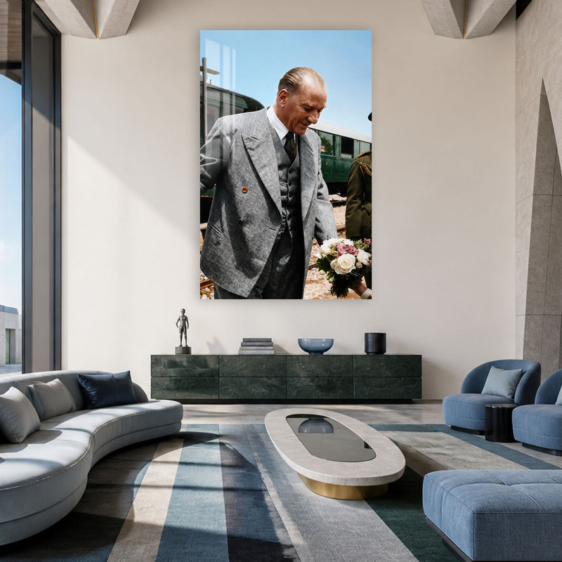 Çiçekli Atatürk Cam Tablo