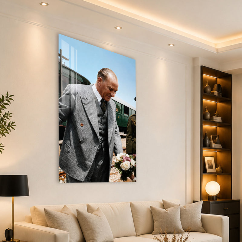 Çiçekli Atatürk Cam Tablo