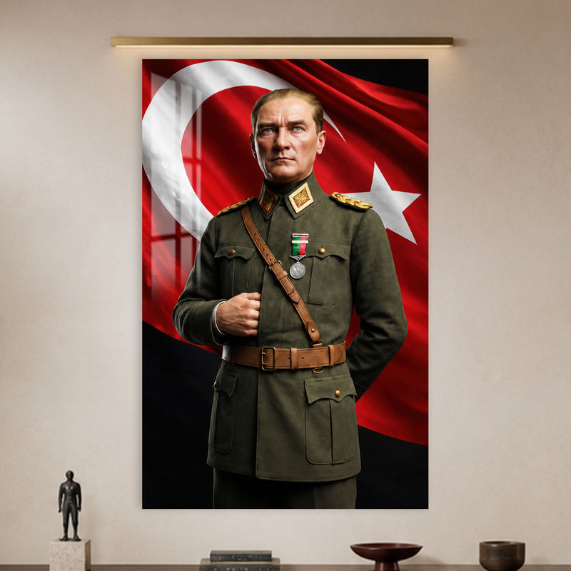 Yeşil Üniformalı Atatürk Cam Tablo