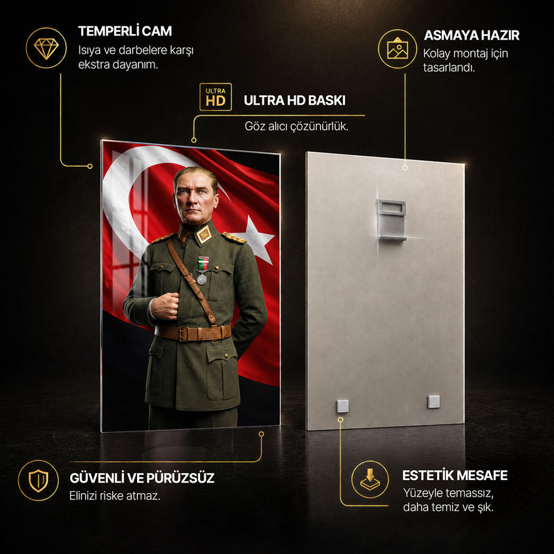 Yeşil Üniformalı Atatürk Cam Tablo