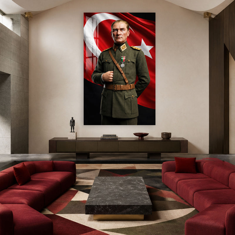 Yeşil Üniformalı Atatürk Cam Tablo