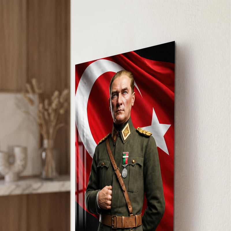 Yeşil Üniformalı Atatürk Cam Tablo