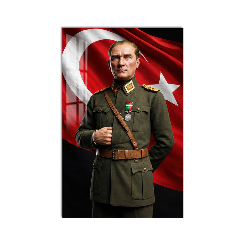Yeşil Üniformalı Atatürk Cam Tablo