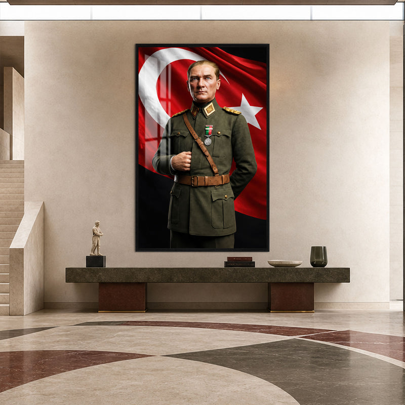 Yeşil Üniformalı Atatürk Cam Tablo – Siyah Çerçeveli