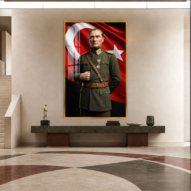Yeşil Üniformalı Atatürk Cam Tablo – Altın Çerçeveli