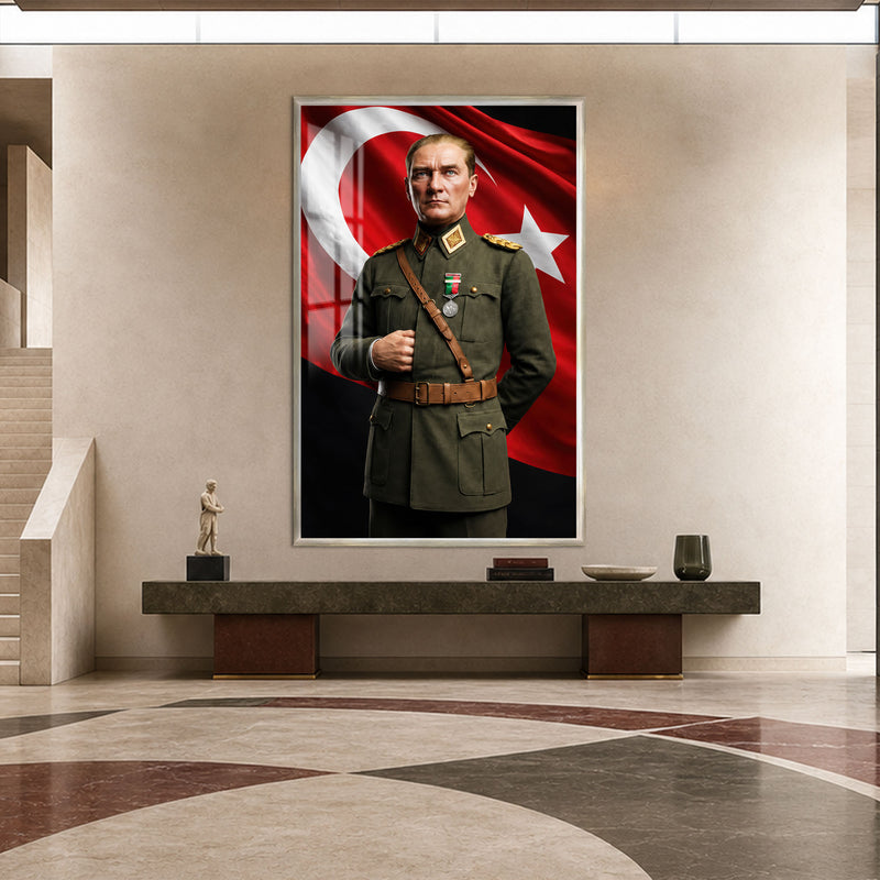 Yeşil Üniformalı Atatürk Cam Tablo – Gümüş Çerçeveli