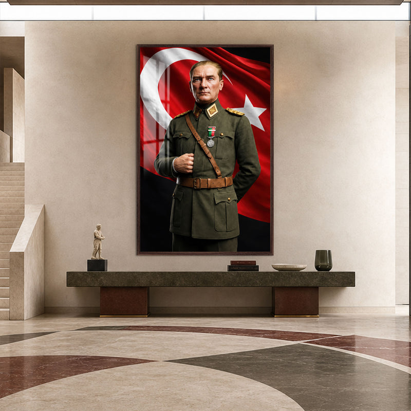 Yeşil Üniformalı Atatürk Cam Tablo – Ceviz Çerçeveli