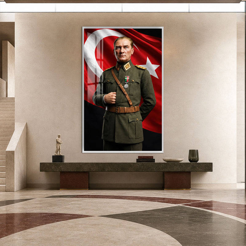 Yeşil Üniformalı Atatürk Cam Tablo – Beyaz Çerçeveli