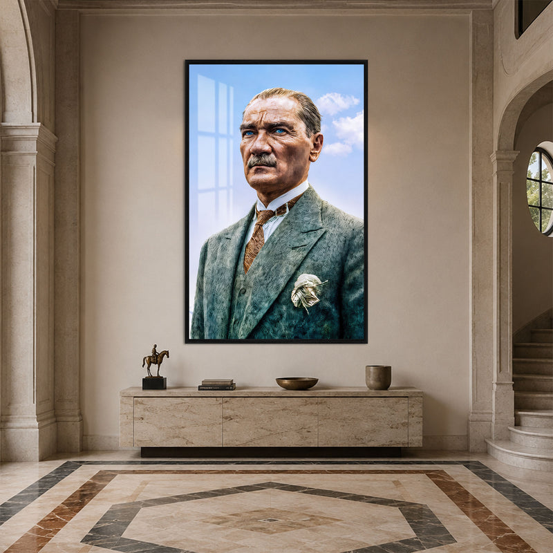 Mavi Gökte Atatürk Cam Tablo – Siyah Çerçeveli