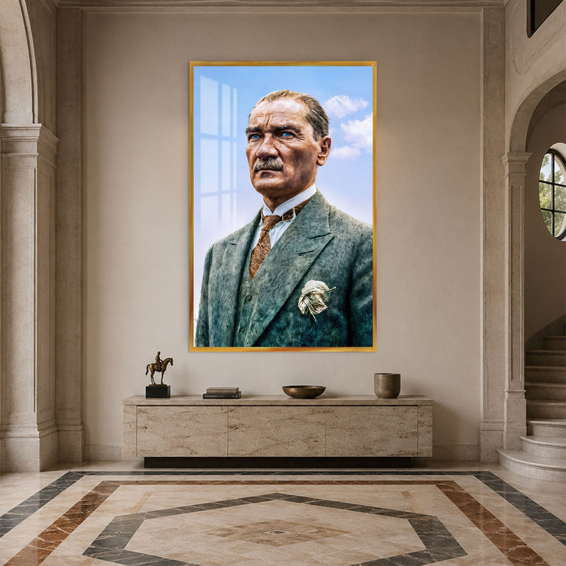 Mavi Gökte Atatürk Cam Tablo – Altın Çerçeveli