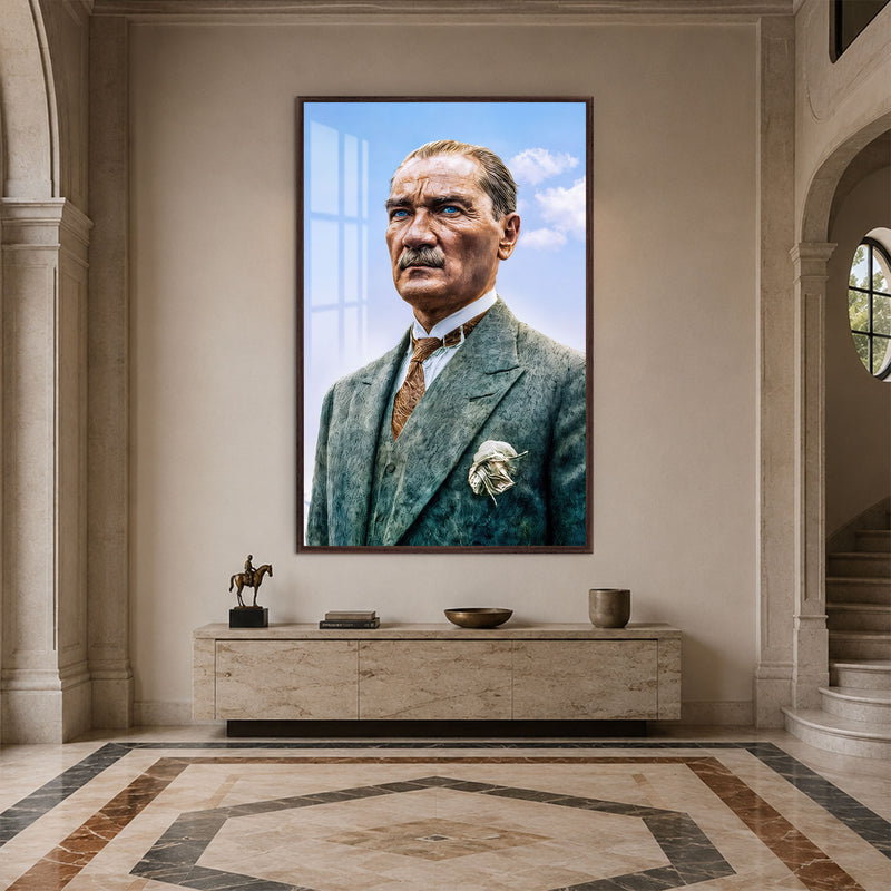 Mavi Gökte Atatürk Cam Tablo – Ceviz Çerçeveli
