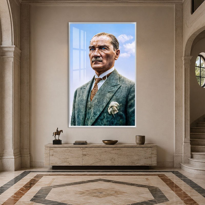Mavi Gökte Atatürk Cam Tablo – Beyaz Çerçeveli
