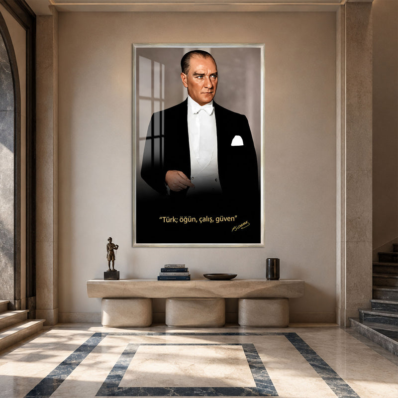 Sözlü Frak Atatürk Cam Tablo – Gümüş Çerçeveli