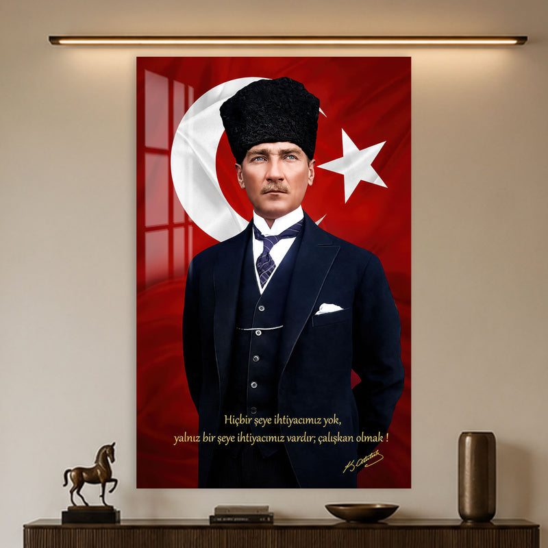 Bayraklı Sözlü Atatürk Cam Tablo