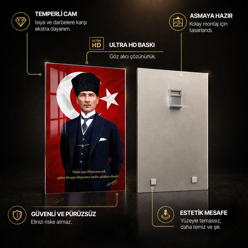 Bayraklı Sözlü Atatürk Cam Tablo