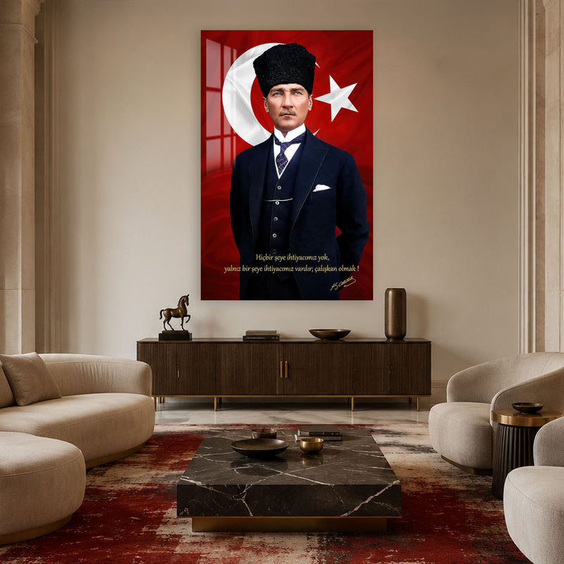 Bayraklı Sözlü Atatürk Cam Tablo