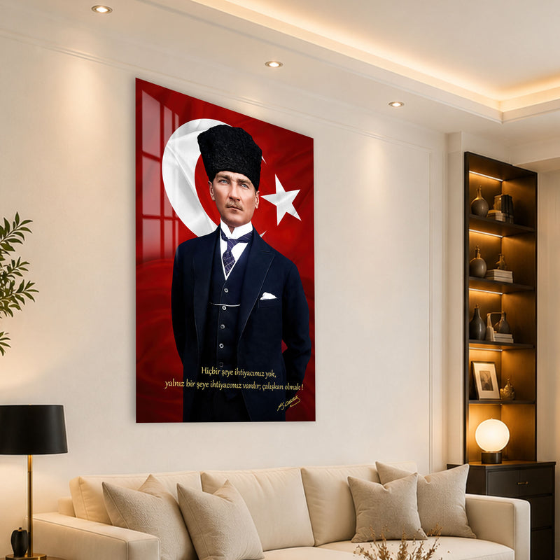 Bayraklı Sözlü Atatürk Cam Tablo