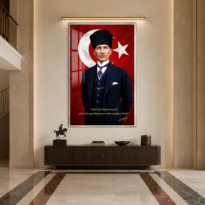 Bayraklı Sözlü Atatürk Cam Tablo – Gümüş Çerçeveli