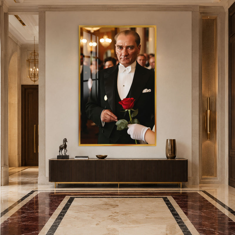 Gül Tutan Atatürk Cam Tablo – Altın Çerçeveli