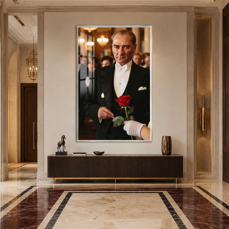 Gül Tutan Atatürk Cam Tablo – Gümüş Çerçeveli
