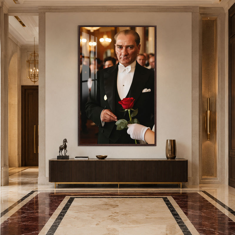 Gül Tutan Atatürk Cam Tablo – Ceviz Çerçeveli