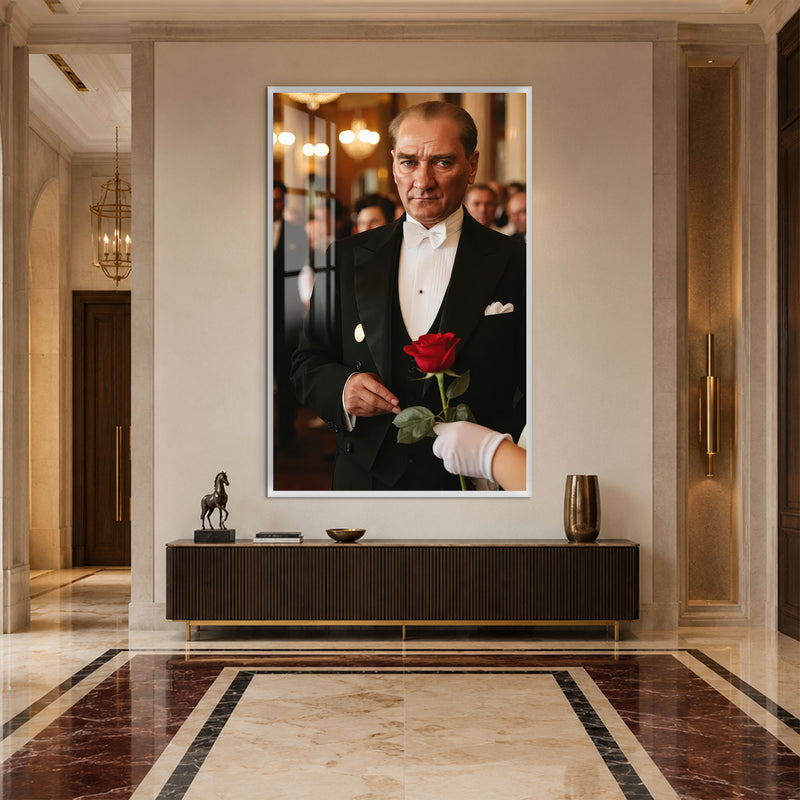 Gül Tutan Atatürk Cam Tablo – Beyaz Çerçeveli