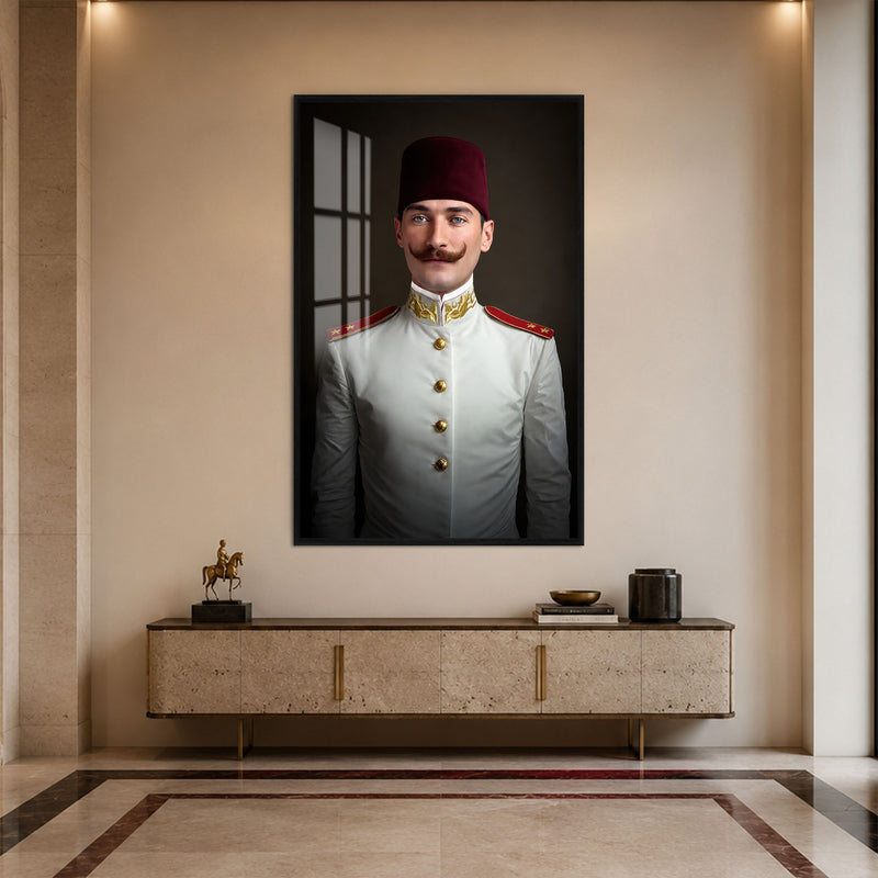 Fesli Genç Atatürk Cam Tablo – Siyah Çerçeveli