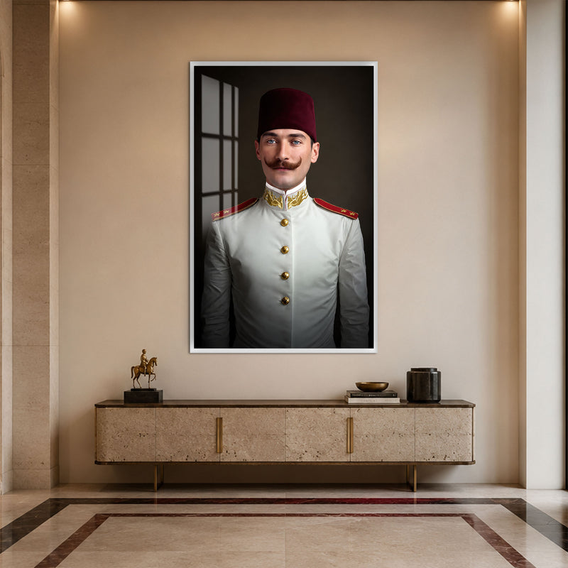 Fesli Genç Atatürk Cam Tablo – Beyaz Çerçeveli