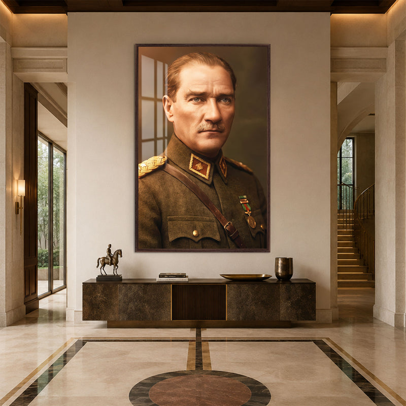 Zeytin Üniformalı Atatürk Cam Tablo – Ceviz Çerçeveli