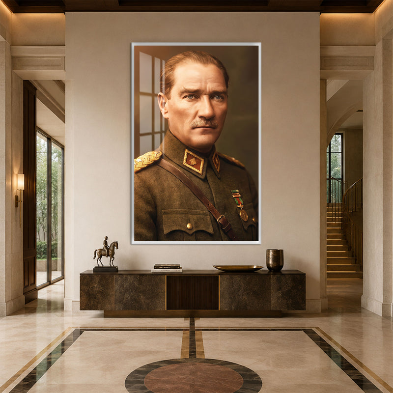 Zeytin Üniformalı Atatürk Cam Tablo – Beyaz Çerçeveli