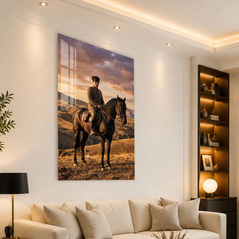 Bozkırda Atlı Atatürk Cam Tablo