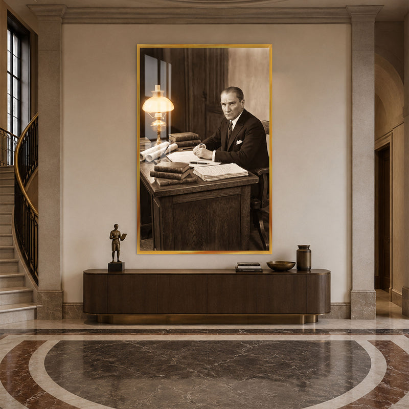 Çalışma Masasında Atatürk Cam Tablo – Altın Çerçeveli