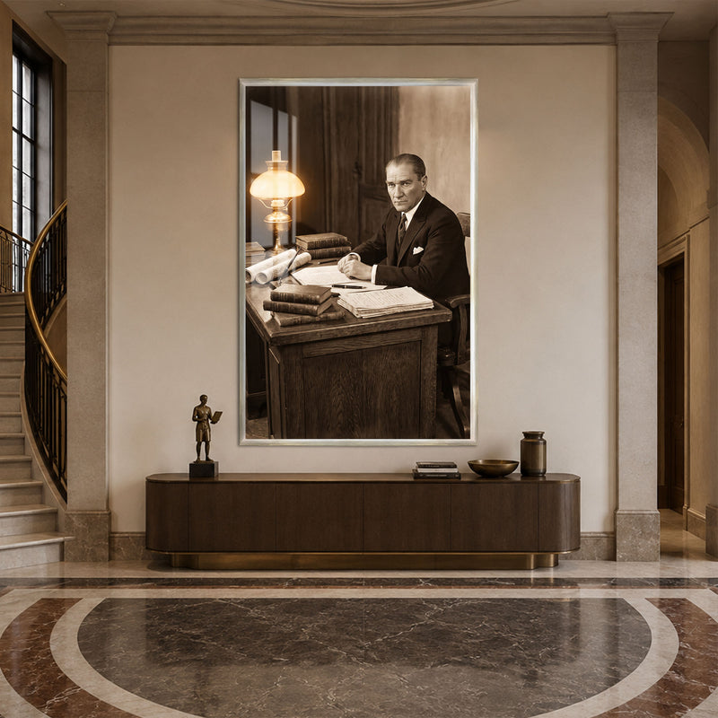 Çalışma Masasında Atatürk Cam Tablo – Gümüş Çerçeveli