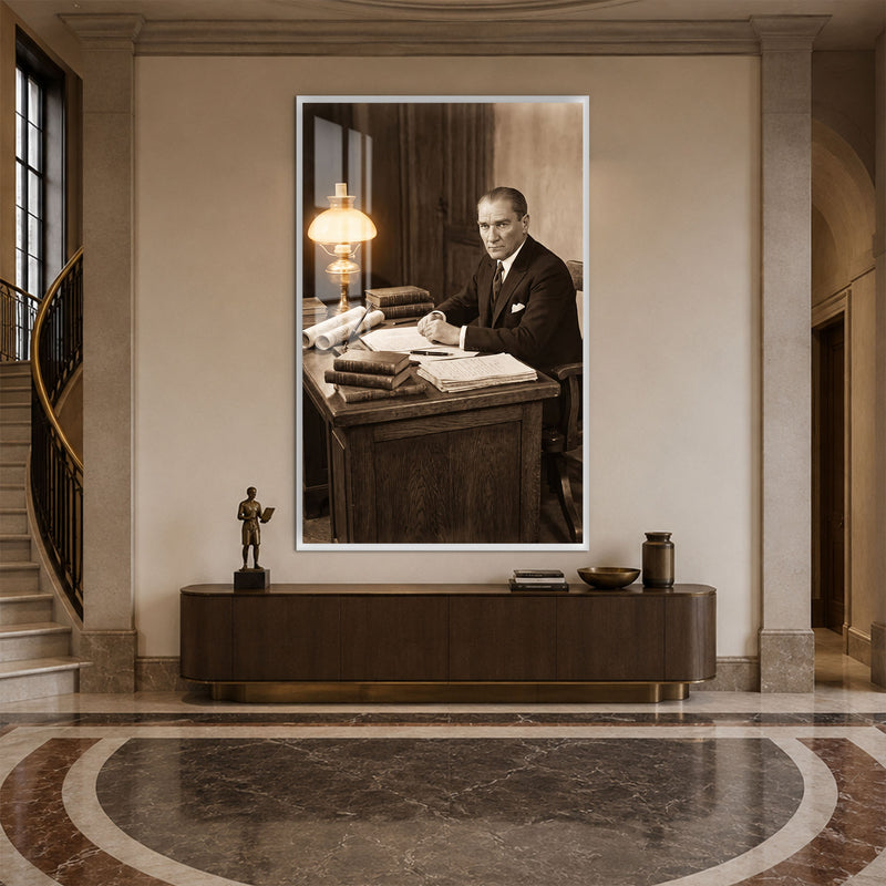 Çalışma Masasında Atatürk Cam Tablo – Beyaz Çerçeveli