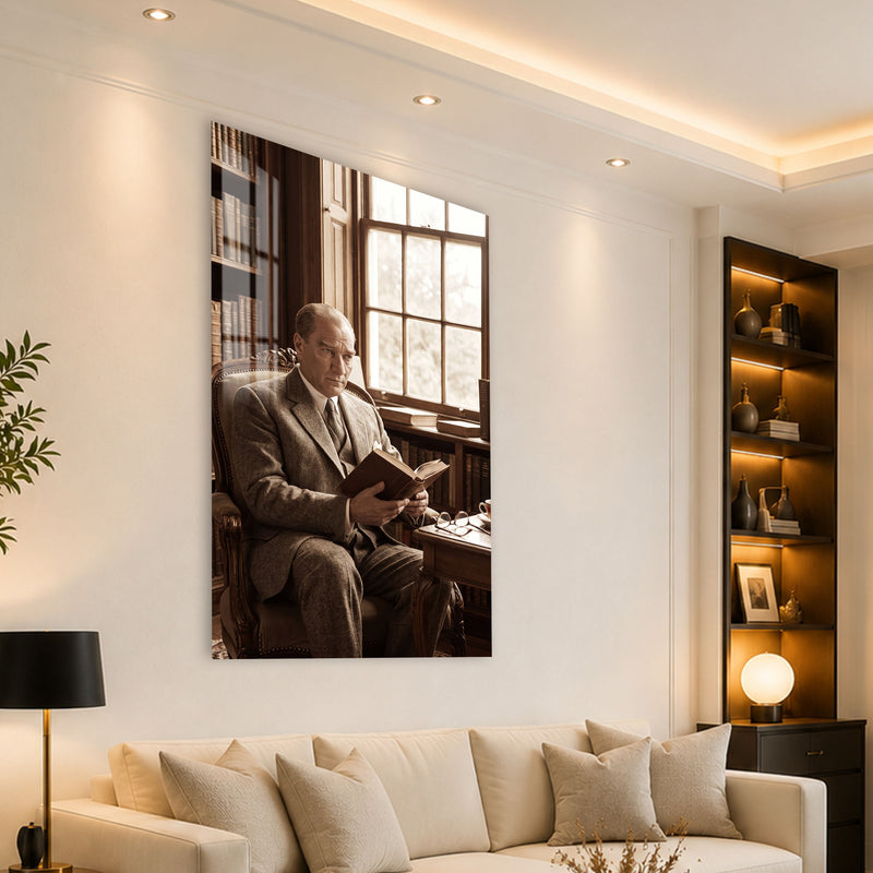 Kitap Okuyan Atatürk Cam Tablo