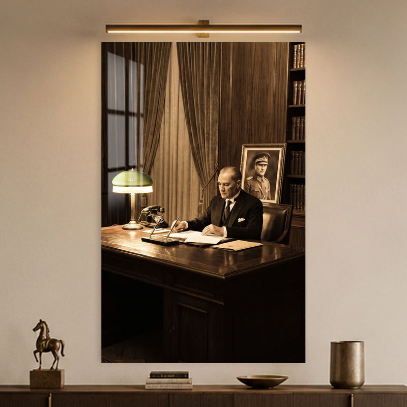 Yeşil Lambalı Atatürk Cam Tablo