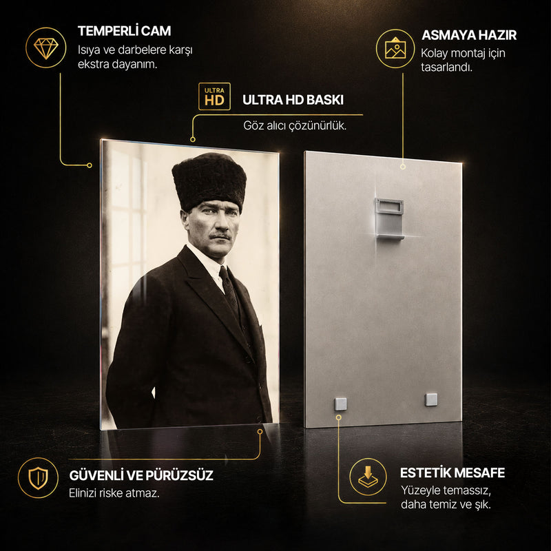 Kalpaklı Sepya Atatürk Cam Tablo