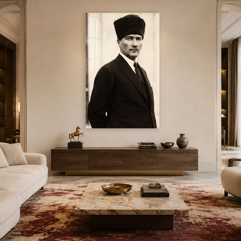 Kalpaklı Sepya Atatürk Cam Tablo